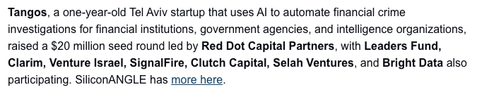 Tangos, a one-year-old Tel Aviv startup that uses AI to automate financial crime investigations for financial institutions, government agencies, and intelligence organizations