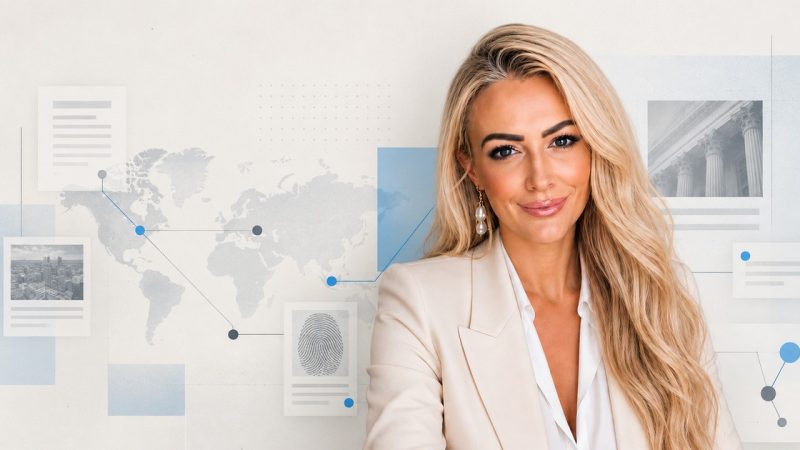 Oonagh van den Berg in a financial crime investigation setting with connected global evidence and data sources.